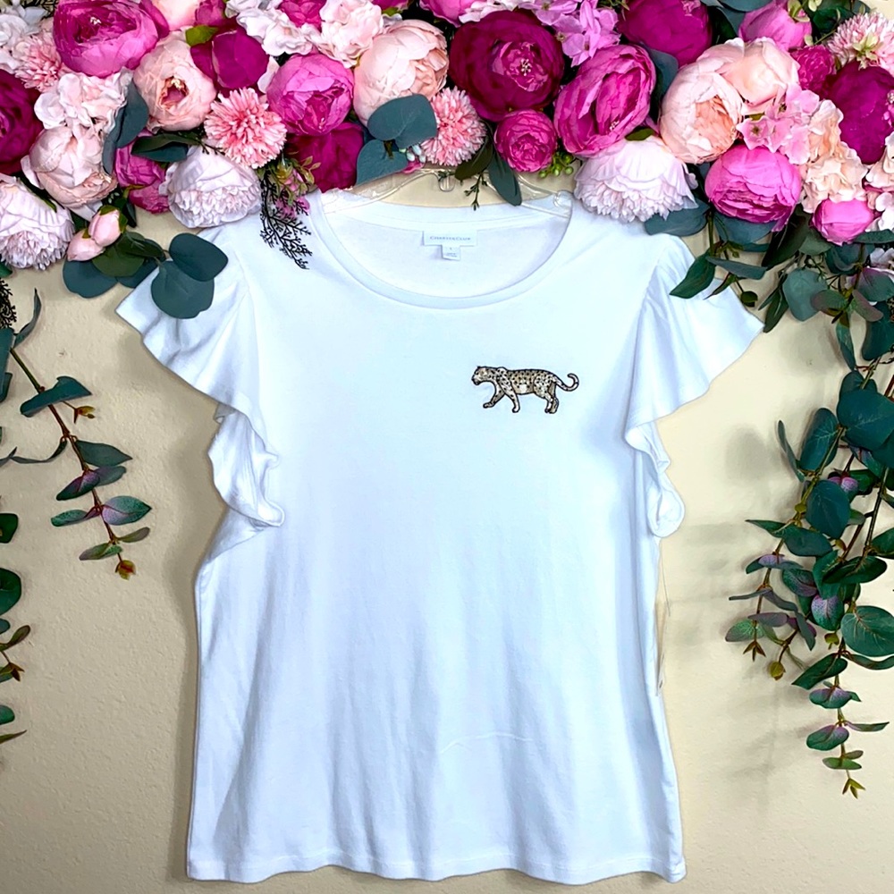 •charter club• White {flutter sleeve} Tee w [LEOPARD] Embroidered |Chest Detail|